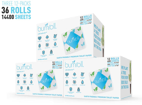 Three large boxes of Bumroll Premium Toilet Paper (Bumroll), chlorine free, 12-pack, total 36 rolls/14,400 sheets. Eco-friendly packaging features sustainability and notes a tree is planted in the USA for each box sold.