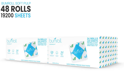 Two large boxes of Bumroll Premium Toilet Paper, Plants Trees in the USA, are shown. Bold text highlights 48 rolls and 19,200 sheets. Each box has 24 chlorine-free rolls with eco-friendly branding and blue-green butterfly designs from Bumroll.