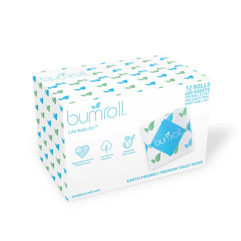 A white box of Bumroll Premium Toilet Paper, featuring green and blue leaf designs, contains 12 rolls. Made in the USA, its eco-friendly, chlorine free, recycled, sustainable, and supports tree planting.