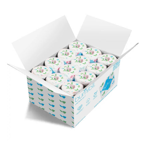 An open box of Bumroll Premium Toilet Paper displays neatly stacked rolls with floral designs. The white box with blue and teal branding shows it’s eco-friendly, made from recycled materials, and helps plant trees in the USA.