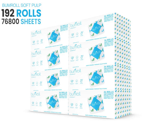 Bumroll Premium Toilet Paper, Plants Trees in the USA, offers 192 rolls (76,800 sheets) per large box with blue and green packaging. Made from recycled, sustainable materials for an eco-friendly choice.