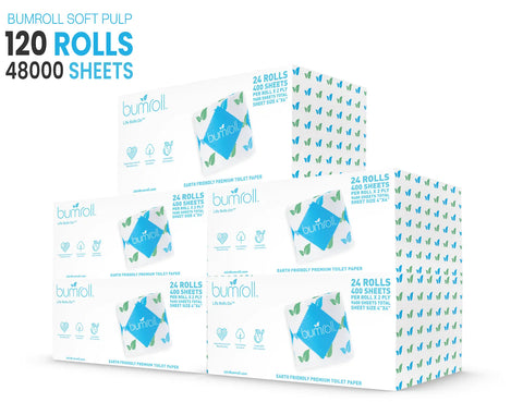Six boxes of Bumroll Premium Toilet Paper, each labeled 24 rolls, 400 sheets, with blue and green eco-friendly branding are stacked together. The top left displays 120 rolls, 48,000 sheets. Bumroll plants trees in the USA.