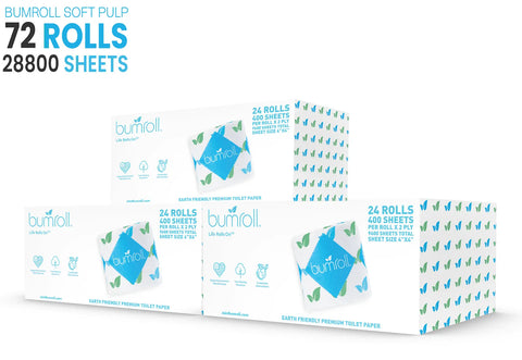 Three large boxes of Bumroll Premium Toilet Paper by Bumroll are stacked, each with 24 recycled, sustainable 400-sheet rolls—totaling 72 rolls and 28,800 sheets. The white packaging features blue and green accents. This product plants trees in the USA.