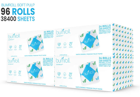 A large box of Bumroll Premium Toilet Paper, Plants Trees in the USA (96 rolls, 38,400 sheets) features white packaging with blue and green accents, eco-friendly icons, and highlights its recycled and sustainable qualities.