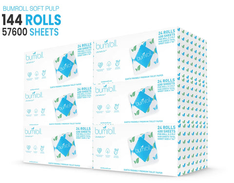 A large box labeled Bumroll contains 144 rolls and 57,600 sheets of Bumroll Premium Toilet Paper, which plants trees in the USA. Inside are smaller boxes with blue and green designs stacked together.