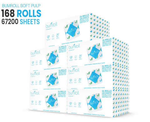 Stacks of Bumroll Premium Toilet Paper boxes, labeled 168 Rolls (67,200 Sheets), are displayed against a white background. Each eco-friendly box from Bumroll holds 24 recycled rolls and helps plant trees in the USA.