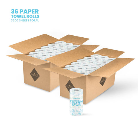 Two open cardboard boxes hold multiple rolls of Bumroll Premium Toilet Paper. A single roll is displayed in front. Text reads 36 toilet paper rolls, 3600 sheets total. Eco-friendly, chlorine-free, and helps plant trees in the USA for a sustainable clean.