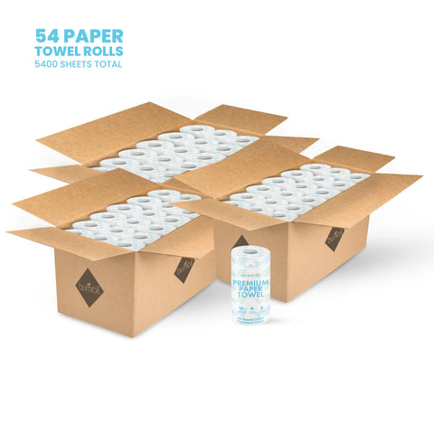 Three open boxes labeled Bumroll hold Bumroll Premium Toilet Paper, with a single roll in front. Text above reads: 54 toilet paper rolls, 5400 sheets total. Bumroll plants trees in the USA.