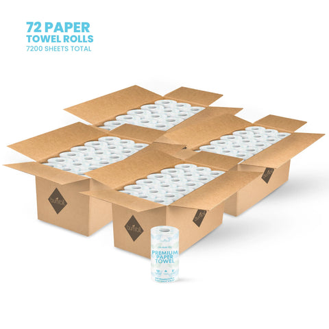 Four open cardboard boxes of Bumroll Premium Toilet Paper by Bumroll, totaling 72 rolls and 7,200 sheets, with one roll in front. Text reads: 72 Toilet Paper Rolls, 7,200 Sheets Total. Plants Trees in the USA.