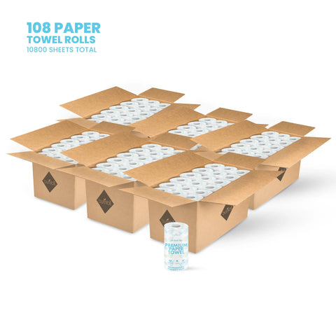 Multiple open cardboard boxes, each filled with Bumroll Premium Toilet Paper by Bumroll. Text at the top left reads 108 Rolls, 10,800 Sheets Total. One chlorine free roll is displayed in front for detail. Plants Trees in the USA.