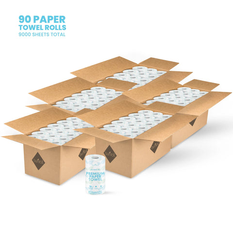 Five open cardboard boxes each containing multiple rolls of Bumroll Premium Toilet Paper by Bumroll, a brand that plants trees in the USA. One roll is displayed in front. Text reads: 90 Toilet Paper Rolls, 9000 Sheets Total.