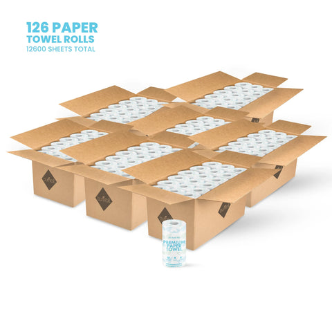 Ten open Bumroll boxes filled with white, chlorine-free Premium Toilet Paper rolls are arranged in rows. One eco-friendly roll is displayed in front. Text above reads: 126 TOILET PAPER ROLLS, 12,600 SHEETS TOTAL. Plants Trees in the USA.