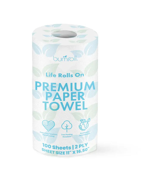 A roll of Bumroll Premium Toilet Paper by Bumroll, featuring eco-friendly packaging, 2-ply sheets, sustainable materials, and supports tree planting in the USA.