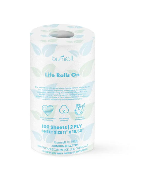A roll of Bumroll Premium Toilet Paper by Bumroll, featuring eco-friendly branding, highlights 100 sheets, 2-ply, 11x16.5 size, recycled content, plastic-free packaging, and plants trees in the USA.