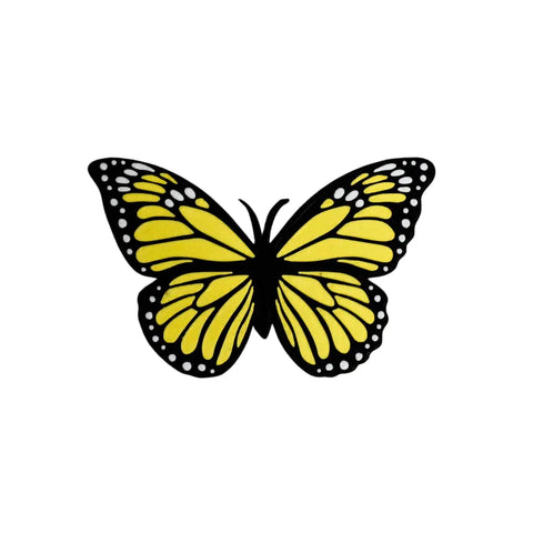 The FRESHe Baglets Bug Charm by Chatelet Manufacturing features a yellow and black butterfly with white-edged wings, ideal as a decorative charm for tote bags like Bogg Bags, Simply Southern, and others.