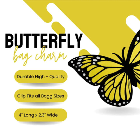 Promotional graphic for FRESHe Baglets Bug Charms by Chatelet Manufacturing, featuring a yellow and black butterfly. Fits all totes with a high-quality, adjustable clip. Compatible with Bogg Bags & more. Size: 4 L x 2.3 W.