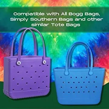 Two FRESHe Baglets Bug Charms by Chatelet Manufacturing are shown on purple and blue tote bags against a tie-dye background. These decorative charms fit Bogg Bags, Simply Southern, and other tote bags.
