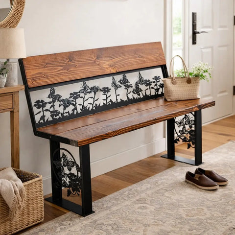Butterfly and Wildflower Garden Bench – Handcrafted Rustic Steel and Wood Outdoor Seating | Made in USA Knights Home Decor  item