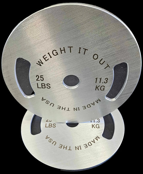 Two Solid Steel Calibrated Weight Plate Sets from Weight It Out, each marked 25 LBS/11.3 KG and MADE IN THE USA, are stacked together on a black background.