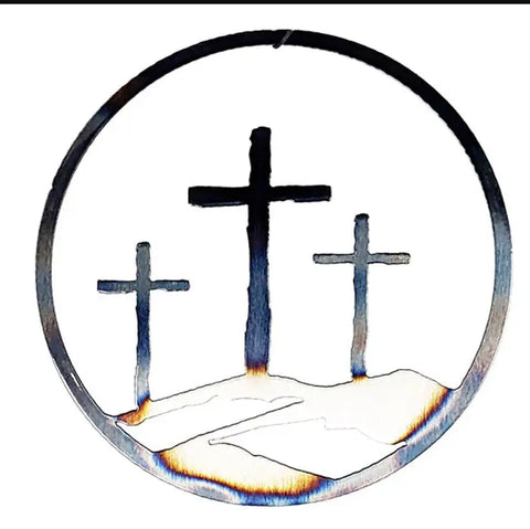 Calvary Hill Three Crosses Metal Wall Art Rustic Circle Design | Handmade in USA Knights Home Decor  item