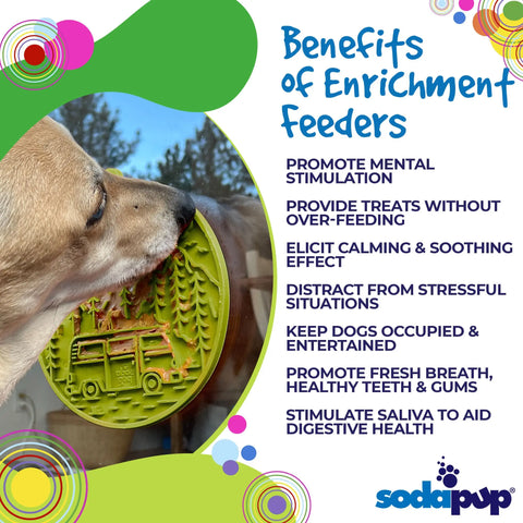 A dog enjoys the SodaPup Camp Design EMat Enrichment Lick Mat with Suction Cups, a forest-themed mat offering mental stimulation, calming effects, entertainment, and digestive health support for pets.