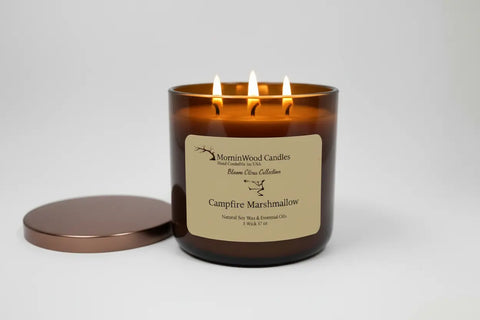 Campfire Marshmallow-Soy 3-Wick Blown Glass Collection MorninWood Candles  3 Wick Candle