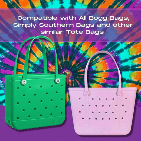 Two FRESHe BAGLETS Can Drink & Water Bottle Holder Charms by Chatelet Manufacturing are shown on tote bags, keeping bottles handy. Compatible with Bogg Bags, fits inside or outside your bag. Made in USA.
