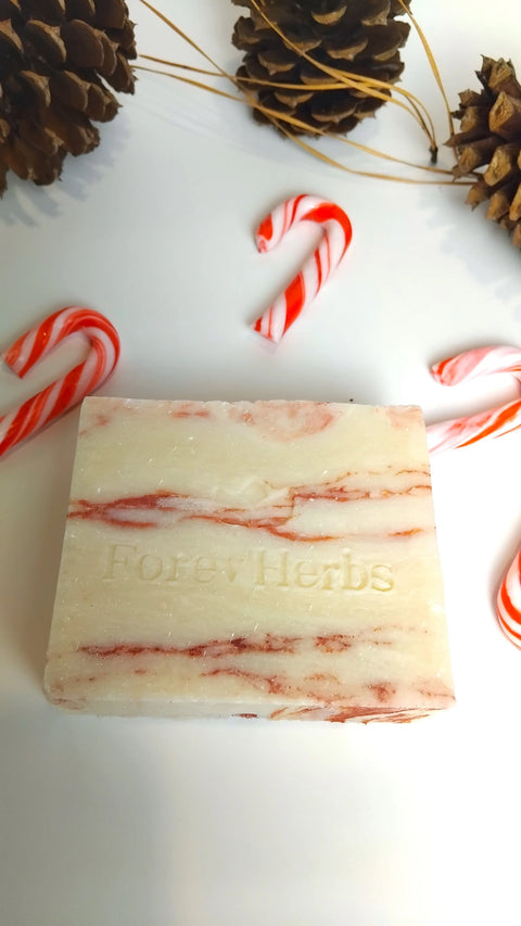 Forev'Herbs Candy Cane Handmade Soap—marbled, festive, and perfect for your holiday skincare routine.