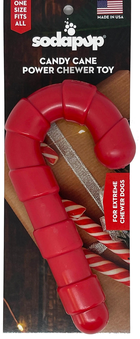 A red SodaPup Candy Cane Ultra Durable Nylon Chew Toy for power chewers. Packaging shows real candy canes, states One size fits all, and Made in USA.