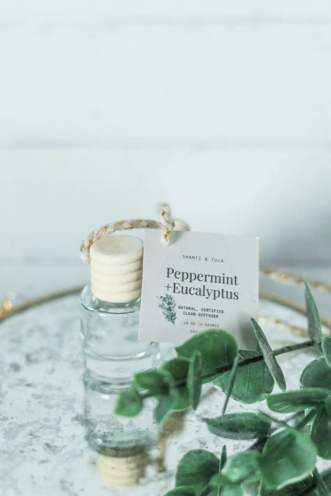 A Car Diffuser & Refill Set by Shanti + Tula, featuring a sleek glass bottle with a wooden cap and Peppermint + Eucalyptus label, rests on a mirror amid eucalyptus leaves—premium design for long-lasting fresh scent in your car.