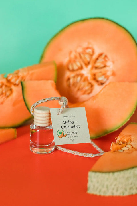 A premium Shanti + Tula Car Diffuser & Refill Set, featuring a glass bottle with wooden cap and Melon + Cucumber label, rests among cantaloupe slices on red—long-lasting, refillable, and made in the USA.