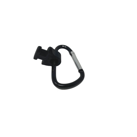 The Chatelet Manufacturing BAGLETS Carabiner & Plug Keys Holder Charm Accessory, compatible with rubber tote bags, securely holds keys or valuables—perfect for Bogg Bags—shown attached to a plastic holder and isolated on a white background.