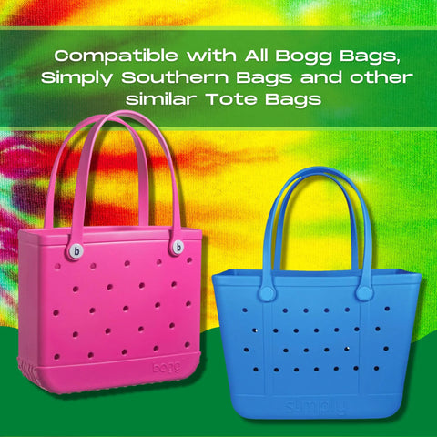 Two BAGLETS carabiner & plug key holder charms by Chatelet Manufacturing are shown on pink and blue totes against a tie-dye background. Compatible with all Bogg Bags, Simply Southern Bags, and other rubber tote bag brands. Made in USA.