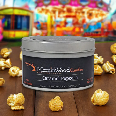 Caramel Popcorn Soy Candle Tin 6oz – Hand-Poured 35 Hour Burn Time | MorninWood Candles Made in USA MorninWood Candles  Candles