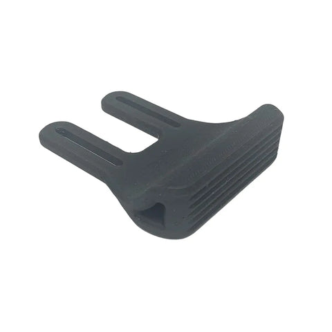 A Chatelet Manufacturing Carbon Fiber Alt Design Longboard or E-Skateboard Foot Stop with two slotted arms and a ridged, angled surface for improved traction, balance, and control is shown against a white background.