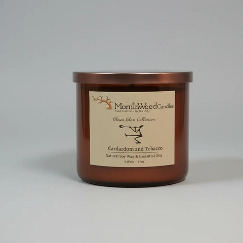 Cardamon and Tobacco-Soy 3-Wick Blown Glass Collection MorninWood Candles  3 Wick Candle