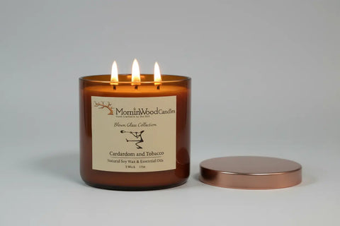 Cardamon and Tobacco-Soy 3-Wick Blown Glass Collection MorninWood Candles  3 Wick Candle