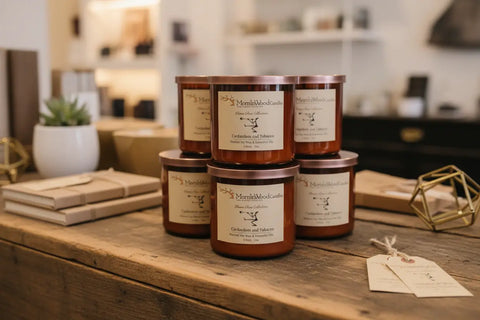 Cardamon and Tobacco-Soy 3-Wick Blown Glass Collection MorninWood Candles  3 Wick Candle