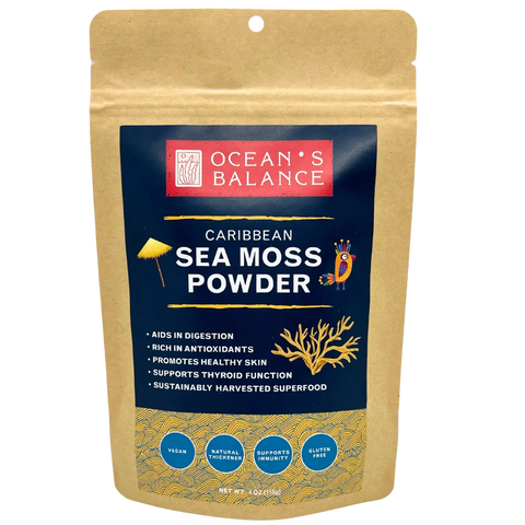 A brown resealable pouch of Oceans Balance Sea Moss Powder features icons highlighting benefits like digestive support, antioxidants, iodine for thyroid health, healthy skin, and its vegan and gluten-free attributes.