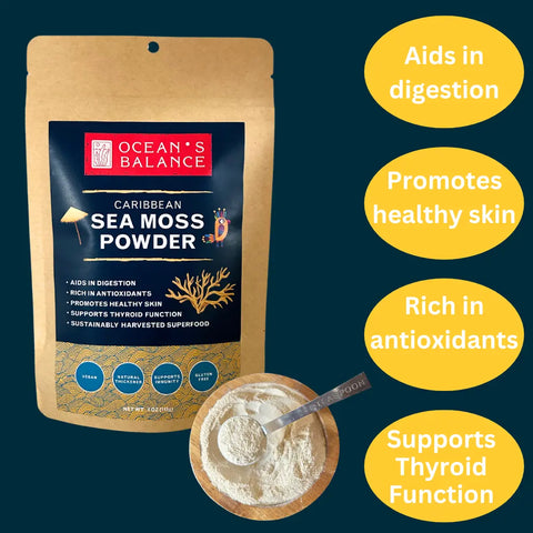 A pouch of Oceans Balance Sea Moss Powder with a scoop in a small dish, plus four yellow circles highlighting benefits: aids digestion, promotes healthy skin, rich in antioxidants, and supports thyroid health with natural iodine.