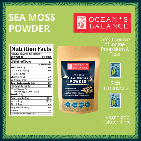 Oceans Balance Sea Moss Powder is shown with nutrition facts and benefits, including being vegan, gluten-free, and rich in iodine to support thyroid health, plus potassium, fiber, and essential minerals.