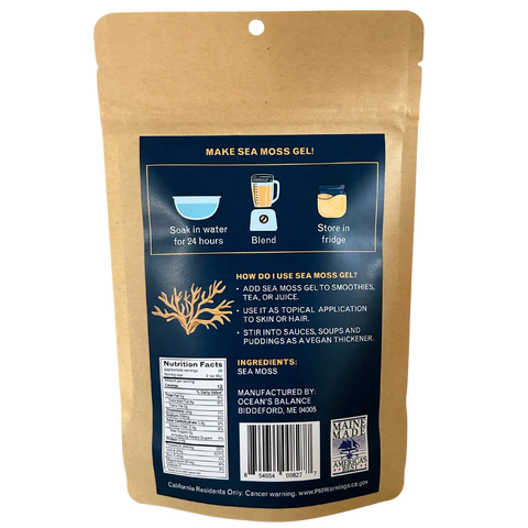 Ocean’s Balance Sea Moss Powder comes in a brown resealable pouch labeled “Make Sea Moss Gel!” with illustrated directions: soak for 24 hours, blend, refrigerate. The packaging includes an ingredient list, nutrition facts, and thyroid health info.