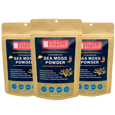 Three Ocean’s Balance Sea Moss Powder stand-up pouches with blue and beige packaging, featuring seaweed and coral images, highlight thyroid health benefits and iodine content.