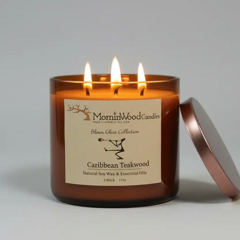 Caribbean Teakwood 17 Oz 3-Wick Soy Candle – Hand-Poured Blown Glass Jar | Made in USA MorninWood Candles  3 Wick Candle