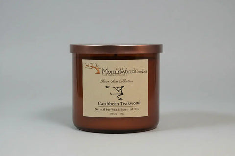 Caribbean Teakwood-Soy 3-Wick Blown Glass Collection MorninWood Candles  3 Wick Candle