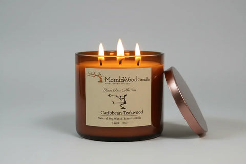 Caribbean Teakwood-Soy 3-Wick Blown Glass Collection MorninWood Candles  3 Wick Candle