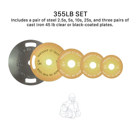 A set of Weight It Out Cast Iron 45lb and Calibrated Solid Steel Weight Plate Sets, including plates labeled 45 lbs, 25 lbs, 10 lbs, 5 lbs, and 2.5 lbs in various sizes and colors, displayed in a row on a white background.