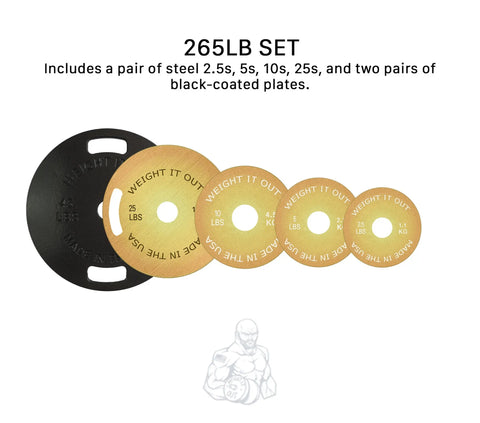 The Weight It Out Cast Iron 45lb and Calibrated Solid Steel Weight Plate Set includes a total of 265lb: one pair each of gold 2.5lb, 5lb, 10lb, and 25lb plates plus two pairs of black-coated plates.
