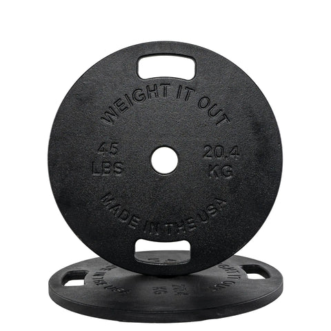 Two black Weight It Out Cast Iron Machined Weight Plate Pairs, each labeled 4.5 LBS/2.04 KG and MADE IN THE USA, feature two rectangular grip holes—ideal for your Olympic bar with minimal weight variance.