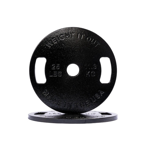 Two Weight It Out Cast Iron Machined Weight Plate Pairs are shown: one upright with 25 LBS/11.3 KG markings and grip holes, another flat below—designed for Olympic bars. Displayed on a white background, ideal for consistent, precise workouts.